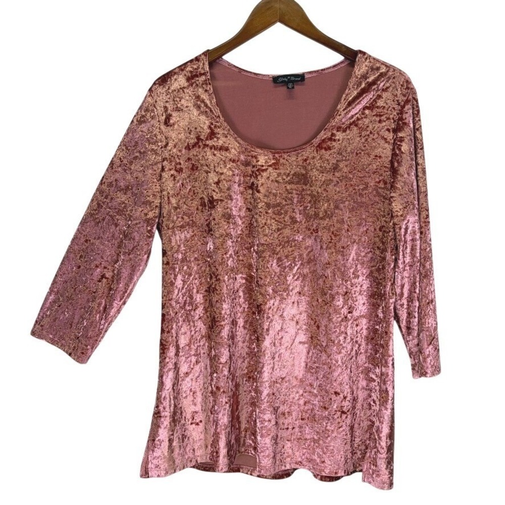 Slinky Brand Crushed Velvet Blouse Top Women's XL Dusty Rose Romantic Glam Chic